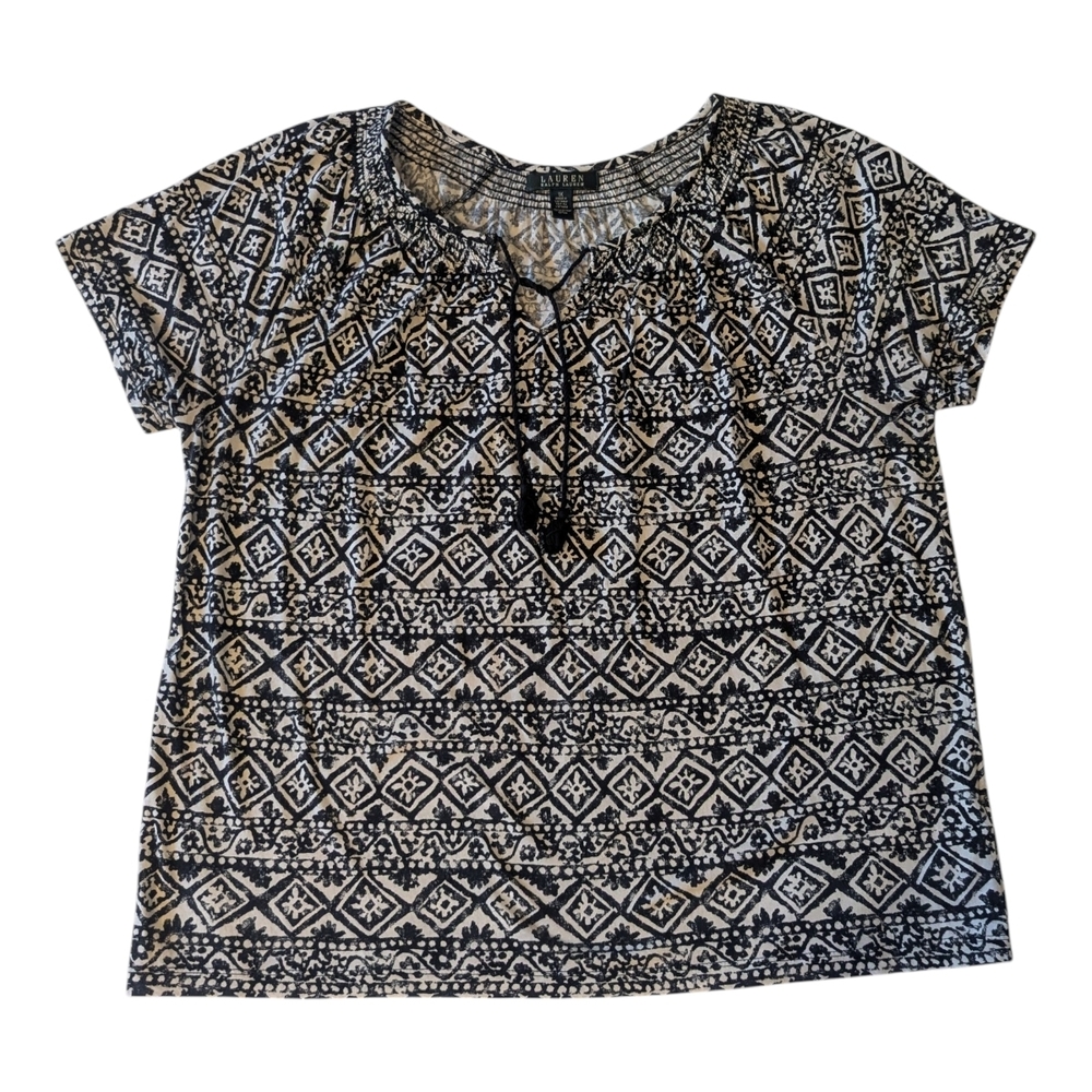 Lauren Ralph Lauren Boho Cotton Black Print Tassel Tie V-Neck SS Top Women's 1X